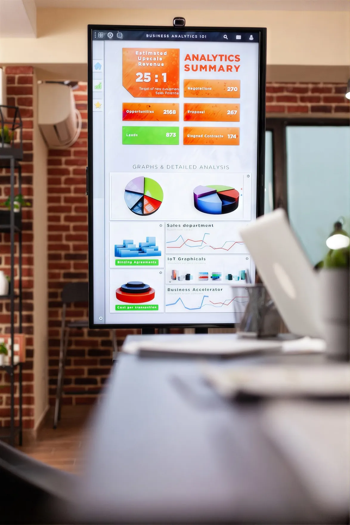 Business analytics dashboard PWA on an office display