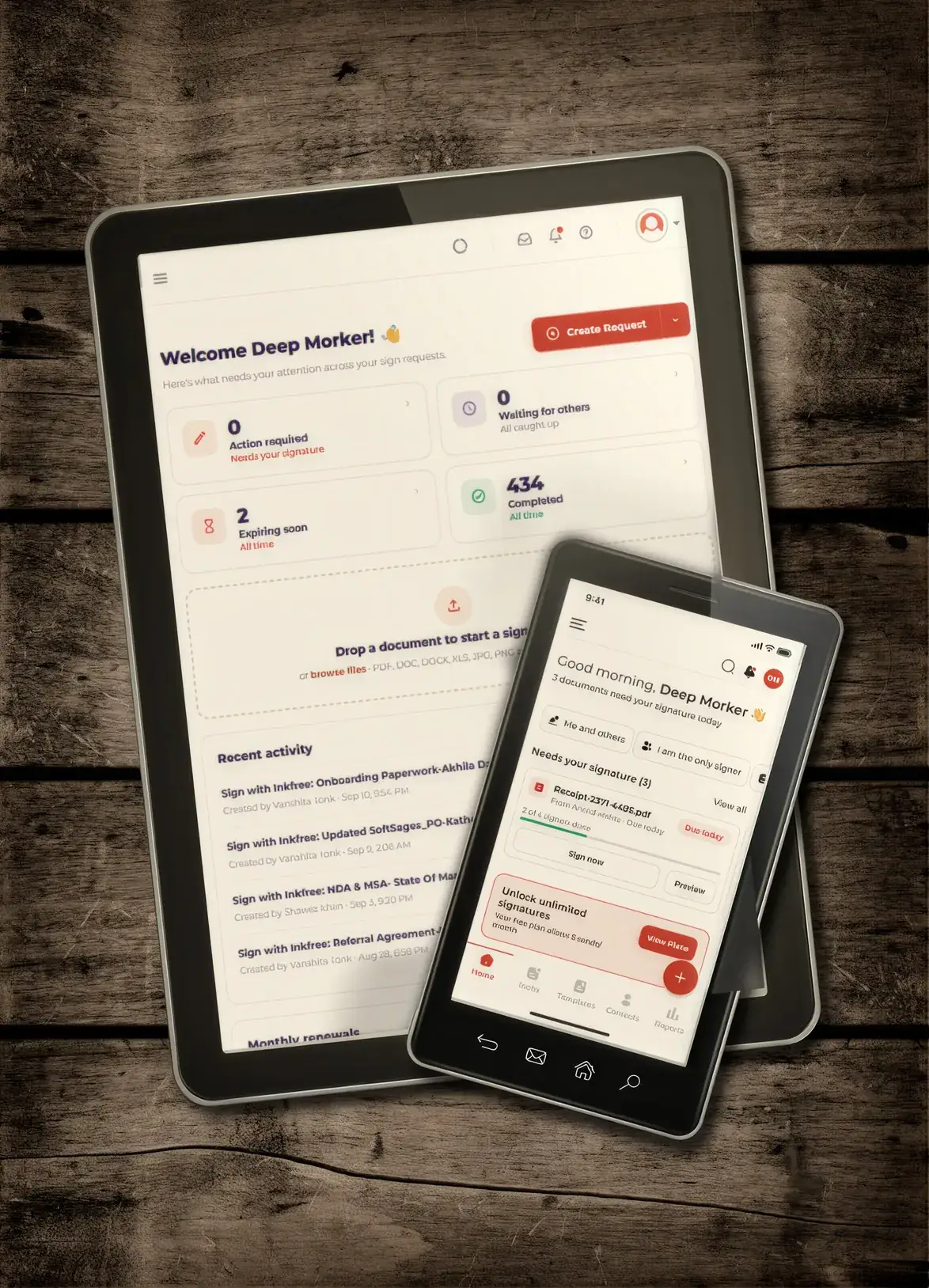 Cross-platform business app shown on a tablet and a phone