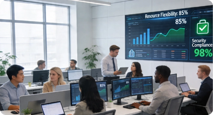 Team reviewing analysts IT performance metrics