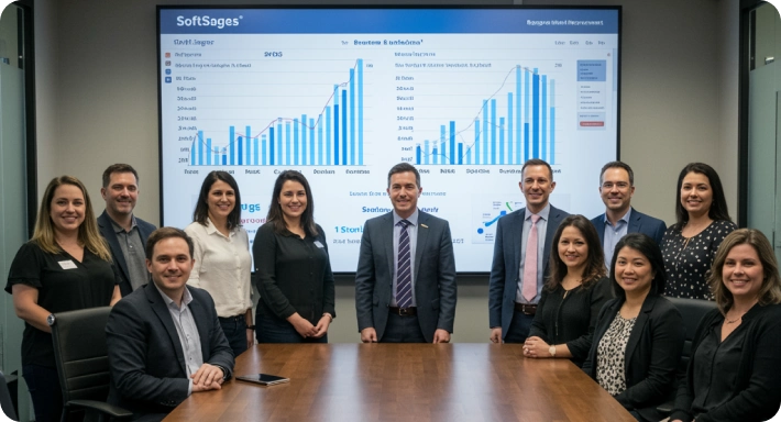 Healthcare team with performance reports dashboard