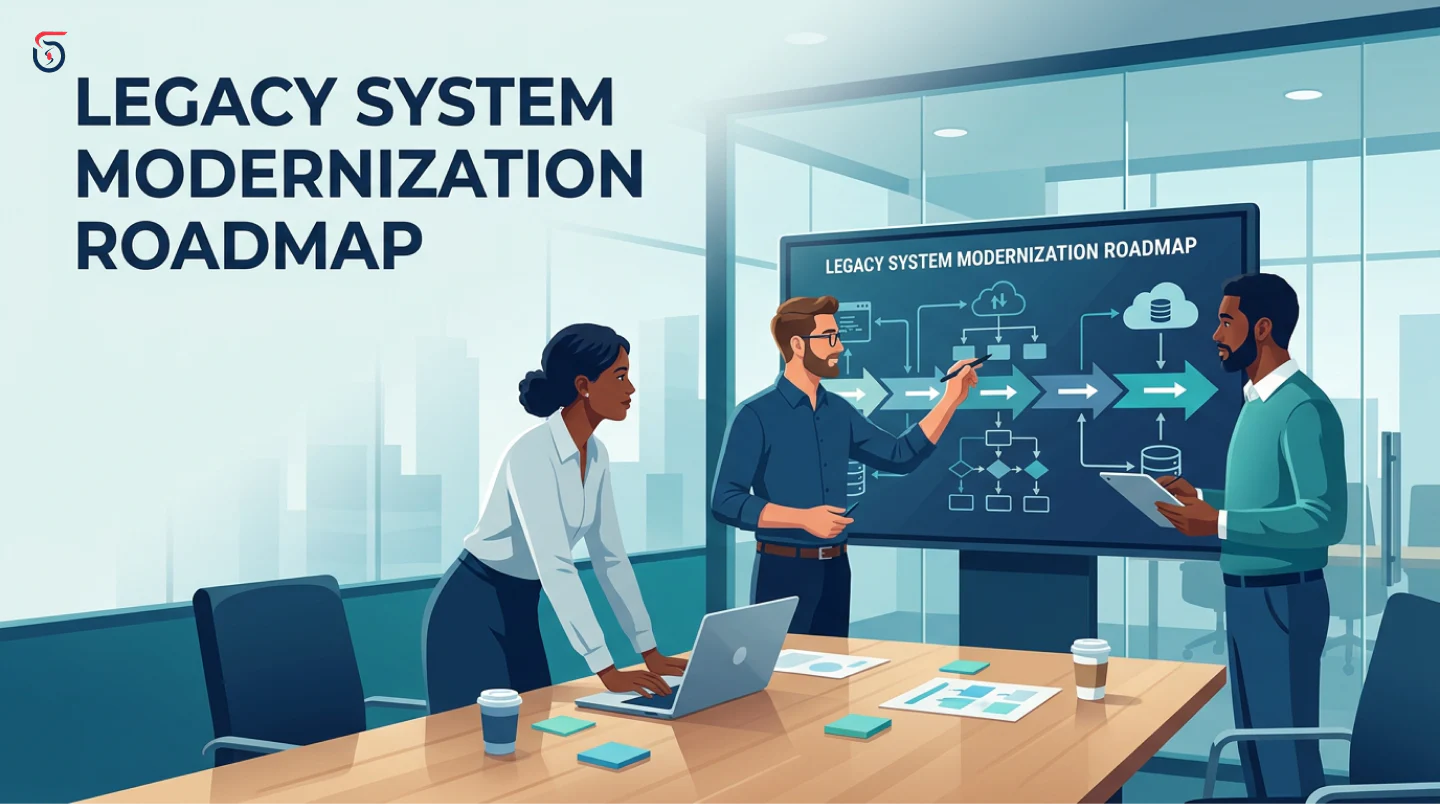 Engineers planning legacy system modernization roadmap on screen